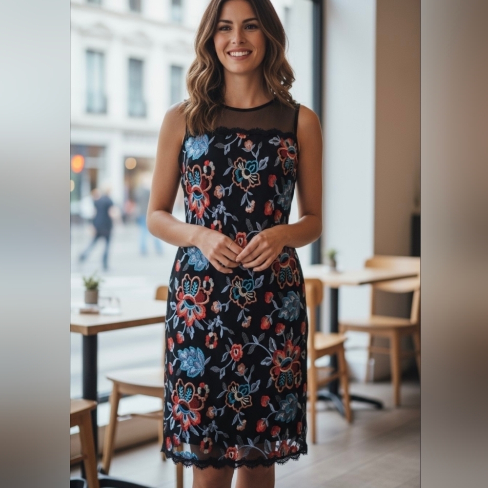 NWT, Thalia Floral Embroidered Black Dress.Size M